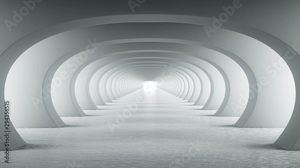 Fototapeta Abstract illuminated empty white corridor with round arches, bright light and shadows. Concept for art, interior design and futuristic background 3D rendering. Clean indoor architectural illustration