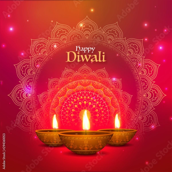 Fototapeta Illuminated, Realistic Earthen Lamps (Diya) with exquisite floral pattern on shiny pink background.