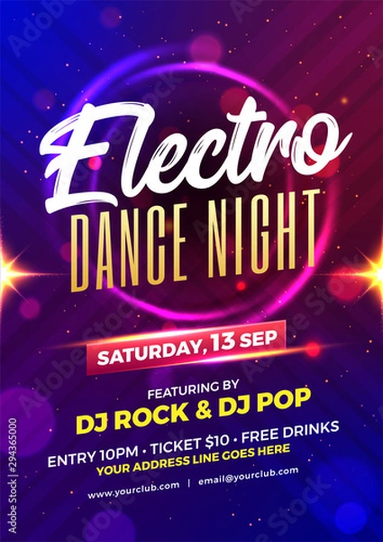 Fototapeta Electro dance night party template or flyer design with time, date and venue details.