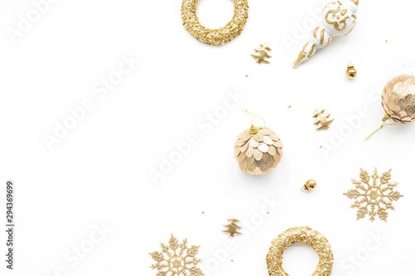 Fototapeta Christmas decoration on white background, top view, flat lay