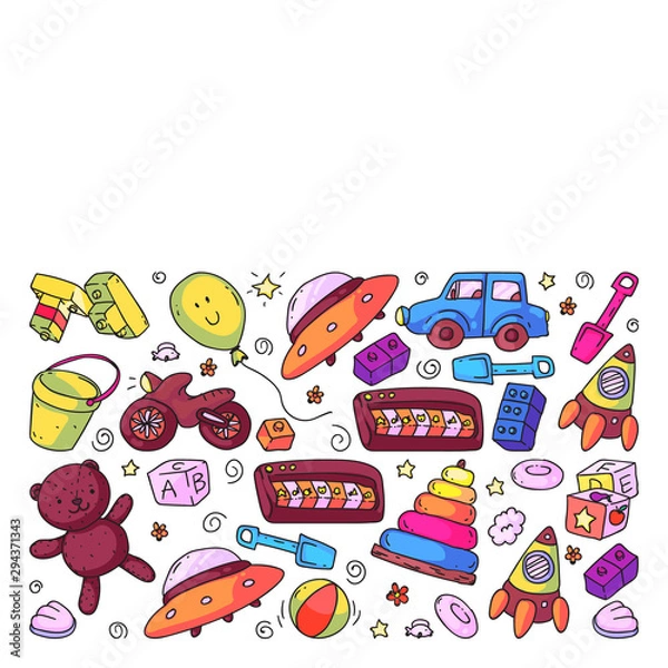 Fototapeta Vector pattern with kindergarten, toy children. Happy children illustration.