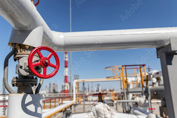 Fototapeta New shut-off valves with red flywheel installed on  new process pipeline