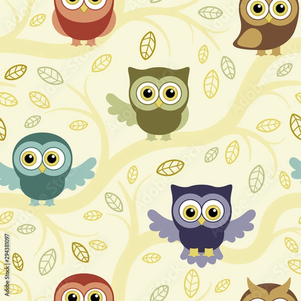 Fototapeta Owls in the summer forest seamless pattern. Owls on a tree. Background for fabric, textile, wallpaper, posters, gift wrapping paper, napkin, pajamas. Print for children.