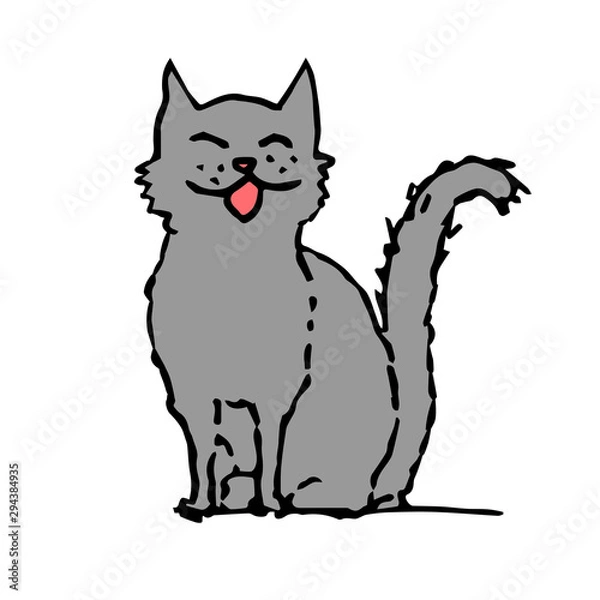 Fototapeta Cat smiling, singing and sitting. Colorful outline on white background. Picture can be used in greeting cards, posters, flyers, banners, logo, further design etc. Vector illustration. EPS10