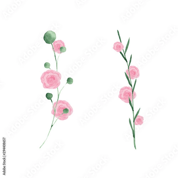 Obraz  Watercolor set with pink and orange roses, leaves and twigs. Wreaths, frames and bouquets of roses, twigs. Ideal for invitations and greeting cards.