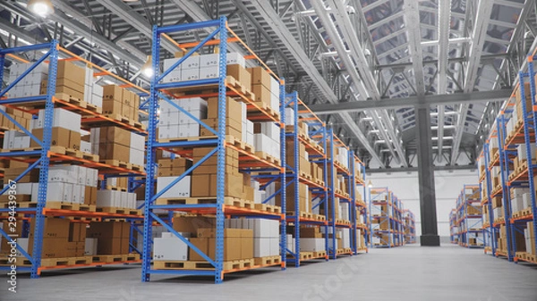 Fototapeta Warehouse with cardboard boxes inside on pallets racks, logistic center. Huge, large modern warehouse. Warehouse filled with cardboard boxes on shelves, boxes stand on pallets, 3D Illustration