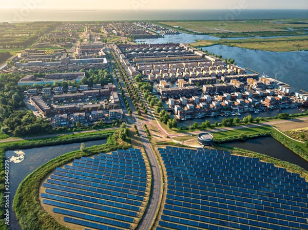 Obraz Aerial shot of a modern sustainable neighbourhood in Almere, The Netherlands