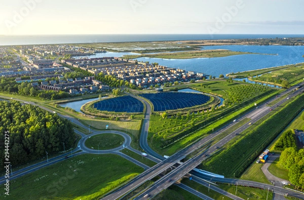 Obraz Aerial shot of a modern sustainable neighbourhood in Almere, The Netherlands