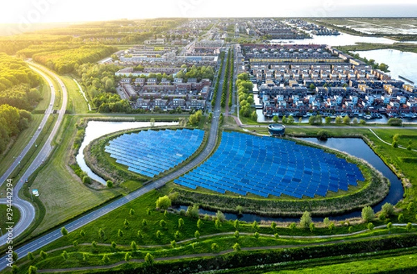 Obraz Aerial shot of a modern sustainable neighbourhood in Almere, The Netherlands
