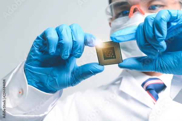 Fototapeta Scientists develop microchips and detect electronic circuits.
