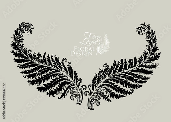 Fototapeta Hand drawn fairytale fern leaf plant. Symmetrically arranged two leaves of fern like wings. Vector illustration of a beautiful decor of nature element.
