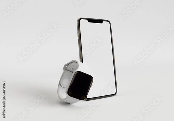 Obraz 3d render illustration hand holding the white smartphone with full screen and modern frame less design - isolated on white background 