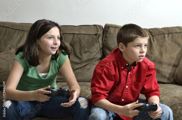 Obraz Sister and brother playing a video game