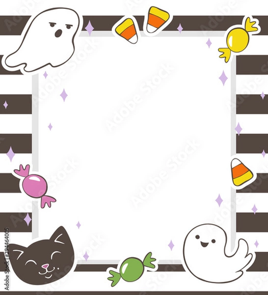 Fototapeta Colorful cartoon horizontal striped Halloween frame with cat, funny ghosts and candies.