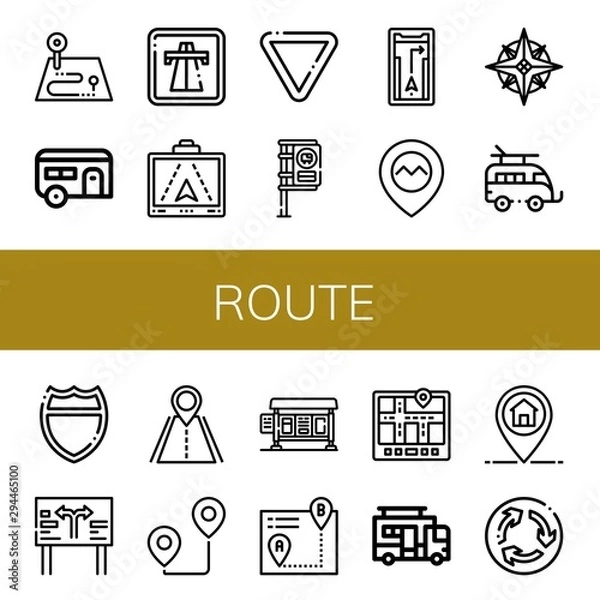 Fototapeta Set of route icons such as Route, Caravan, Highway, Gps, Yield, Bus stop, Navigator, Road sign, Road, Itinerary, Marker, Roundabout , route
