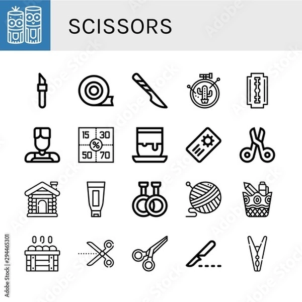 Fototapeta Set of scissors icons such as Model craft, Scalpel, Duct tape, Embroidery, Shaving razor, Barber, Coupons, Handicrafts, Coupon, Scissors, Sauna, Shaving cream, Rubber , scissors
