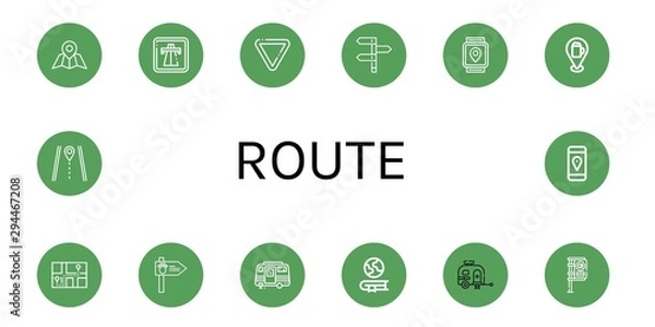 Fototapeta Set of route icons such as Navigator, Highway, Yield, Directions, Gps, Pin, Road sign, Caravan, Geography, Bus stop, Route , route