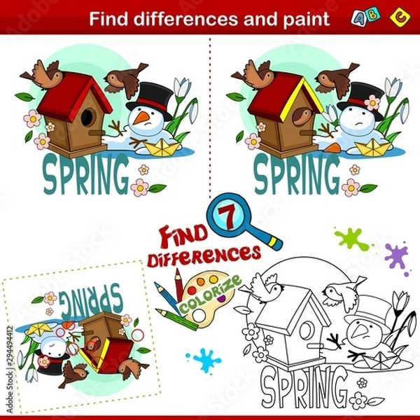 Obraz Set for children and schoolchildren. Find the difference in the picture and color it. Spring picture depicting a birdhouse and a flying prince, a melting snowman and a paper boat.