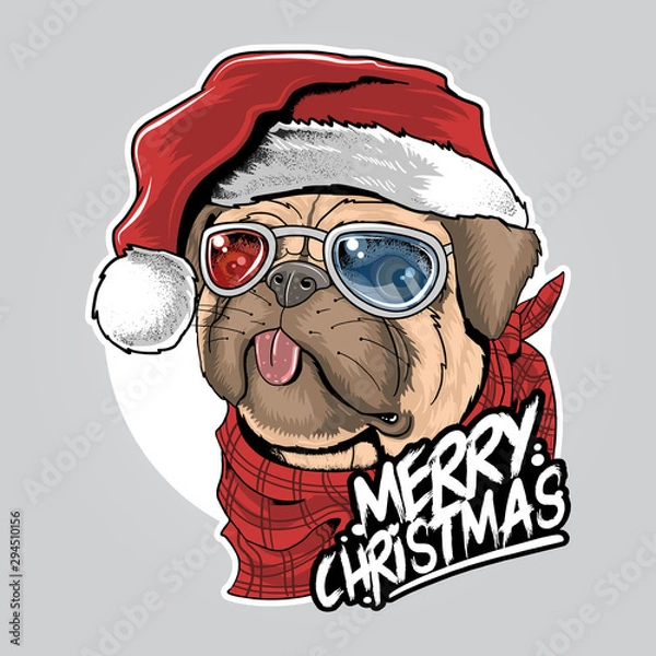 Fototapeta PUG PUPPY DOG SANTA CLAUS BOŻE NARODZENIE ŚLICZNA TWARZ ARTWORK VECTOR