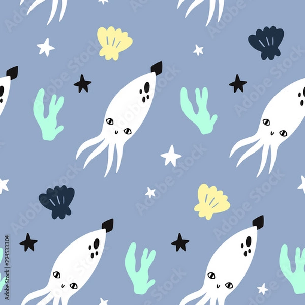 Fototapeta Marine vector seamless pattern with cute squid, starfish, corals and shells. Doodle style, hand drawn. Item for your design.