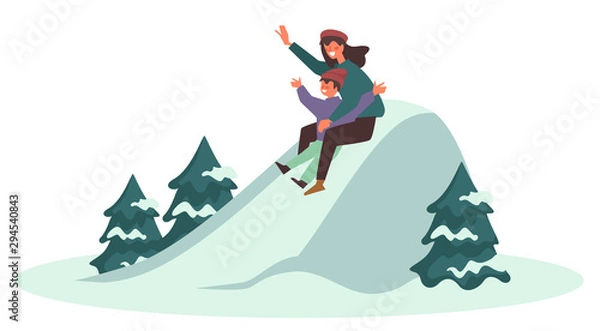 Obraz Parent with kid sliding downhill from snowy slope