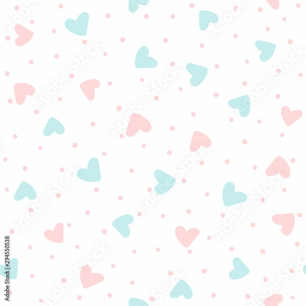 Fototapeta Cute seamless pattern with randomly scattered hearts and round spots. Romantic repeated print. Vector illustration.