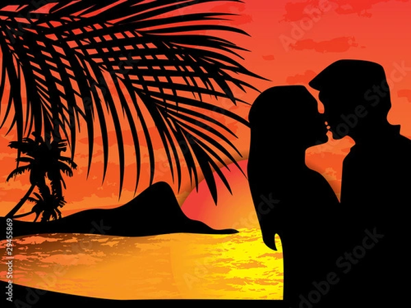 Obraz Two lovers on the beach with tropical sunset behind them