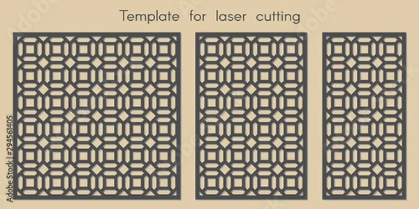 Fototapeta Template for laser cutting. Stencil for panels of wood, metal. Geometric pattern. Abstract background for cut. Vector illustration. Decorative cards. Ratio 1:1, 2:3, 1:2
