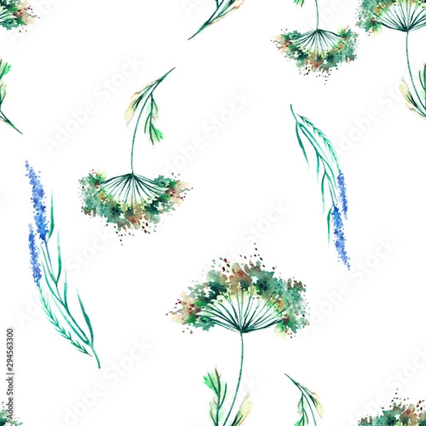 Fototapeta Vintage seamless watercolor pattern of plants.  Herbs, flowers, dried flowers, lavender flowers in watercolor. Abstract  paint splash. Fashionable pattern.