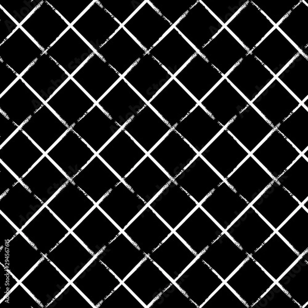 Fototapeta Seamless striped pattern with white diagonal lines isolated on black background. Hand drawn illustration. Monochrome texture with grid.