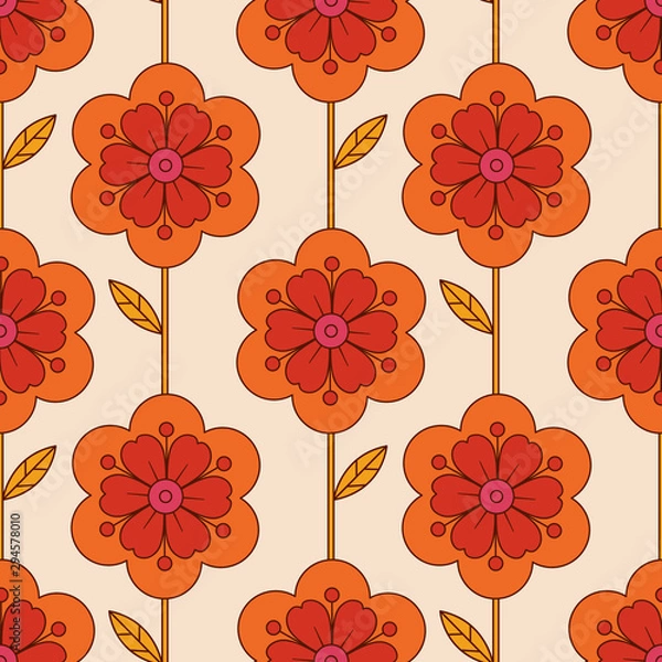 Fototapeta seamless pattern with flowers and leaves in retro scandinavian style