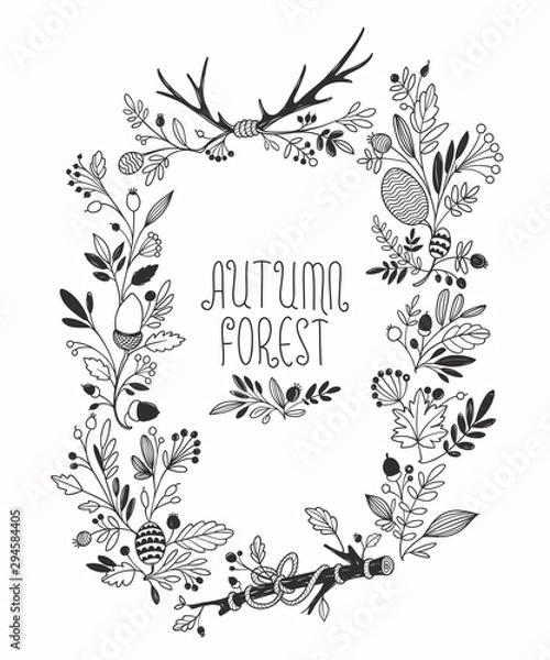 Fototapeta Doodle Floral Ornamental Frame with Decorative, Leaves Berries and Branches