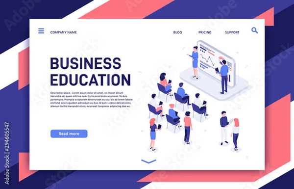 Fototapeta Isometric training. Business team professional education trainings, teambuilding teacher and motivation lecture. Developers coaching meeting, teamwork development presentation vector illustration