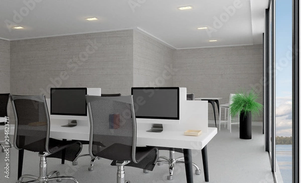 Fototapeta Meeting room in shades of gray. Open space. Great office. 3D rendering