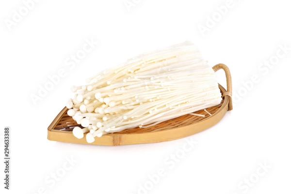 Obraz Fresh Enoki mushrooms on bamboo plate with white background