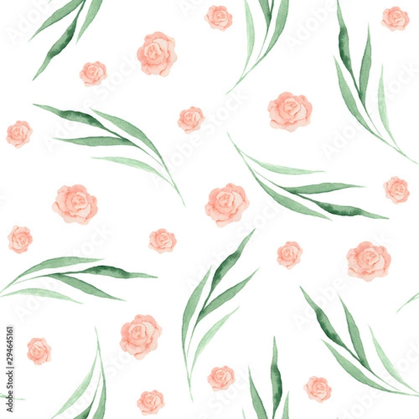 Obraz  Watercolor pattern with pink and orange roses, leaves and twigs. Wreaths, frames and bouquets of roses, twigs. Ideal for invitations and greeting cards.