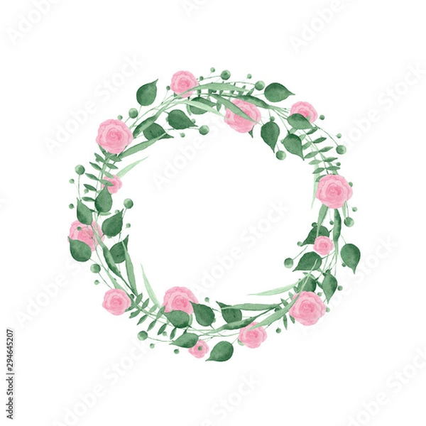 Fototapeta Watercolor wreath, frame with pink and orange roses, leaves and twigs. Ideal for invitations and greeting cards.