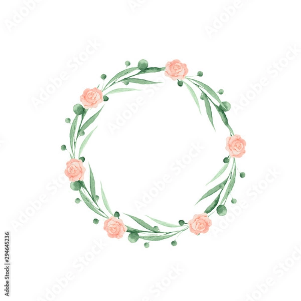 Fototapeta Watercolor wreath, frame with pink and orange roses, leaves and twigs. Ideal for invitations and greeting cards.