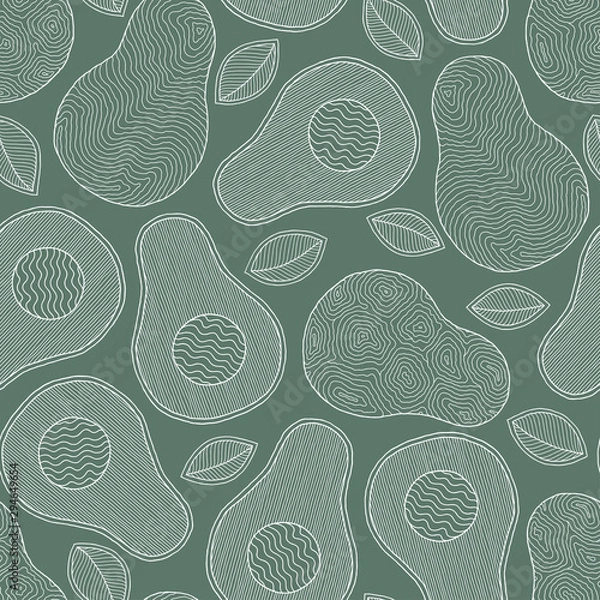 Fototapeta Seamless pattern from hand-drawn cartoon avocados on a green background.