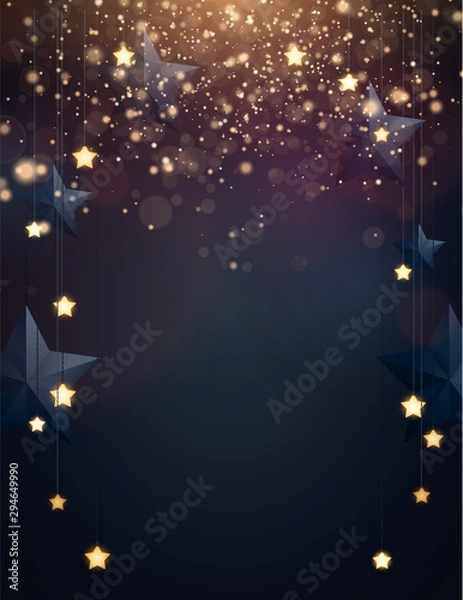 Obraz Christmas background design with yellow glowing stars, blue paper stars and gold confetti. Dark backdrop with space for text. Vector flyer or banner template.