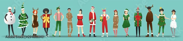 Obraz Wesołych Świąt, grupa nastolatków w koncepcji kostiumów na Boże Narodzenie na białym tle na niebieskim tle, wektor, ilustracja