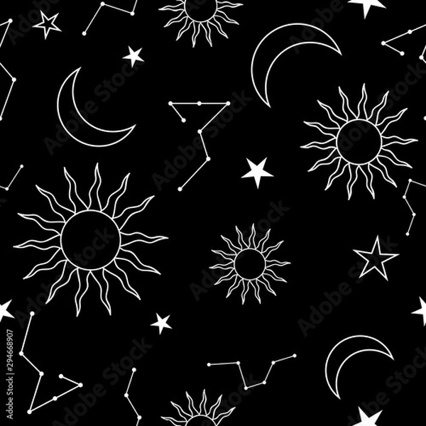 Obraz Galaxy seamless pattern design with zodiac elements white in black