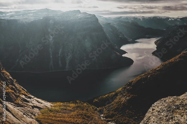 Fototapeta Breathtaking views of Norwegian national park, river and fjords at bright day.