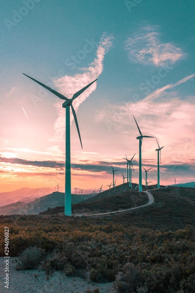 Fototapeta Wind turbines on beautiful sunny summer purple autumn mountain landsape. Curvy road through mountain Eolic park. Green ecological power energy generation. Wind farm eco field