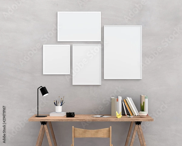 Fototapeta Four empty photo frame for mockup on wall, 3D rendering