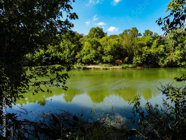 Fototapeta Looking toward an island in the Colorado River at Hornsby Bend in mid-October 2019