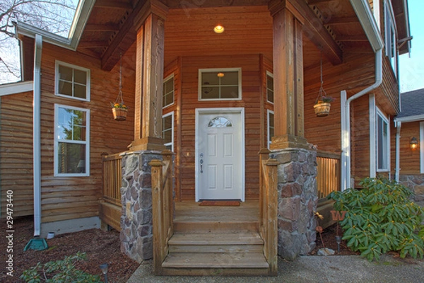 Fototapeta Front door of cedar wood  home