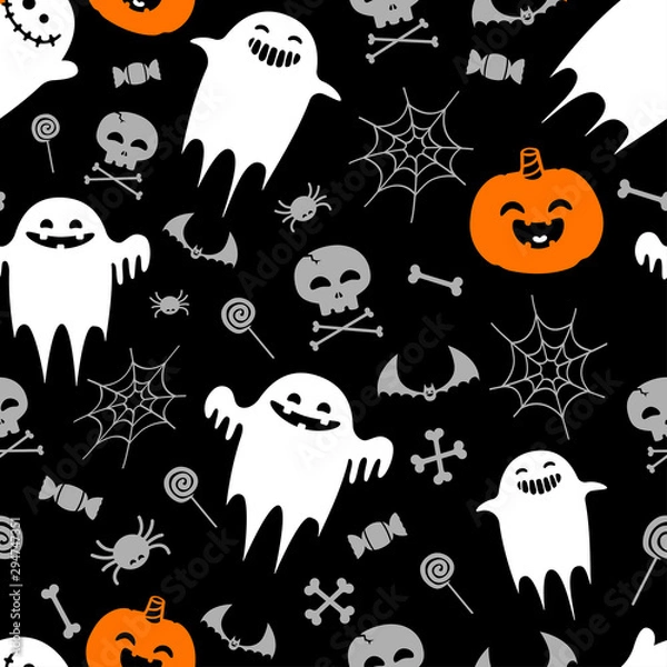 Fototapeta halloween pattern with ghosts and pumpkins, bats, cobwebs, skulls