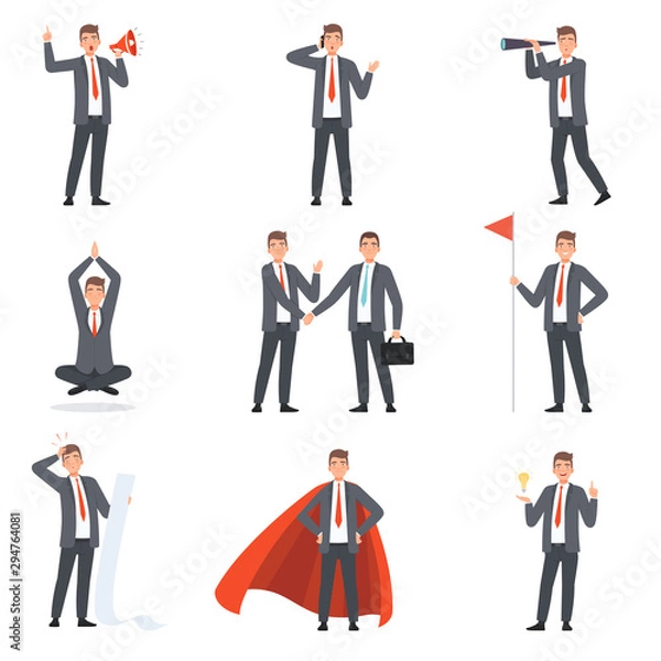 Fototapeta Businessmen characters, people in business suits in different situations vector illustration
