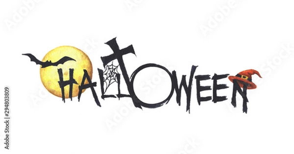 Obraz Halloween Text Banner. Isolated on white background. Greeting design banner, Halloween holiday celebration, party invitation. watercolor illustration.